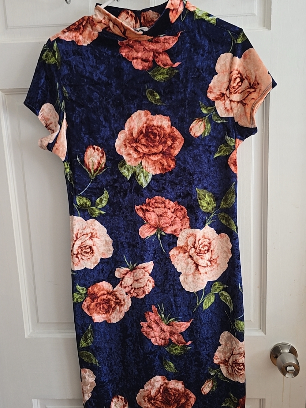 Navy Floral Velvet Shift Dress with Pink Roses